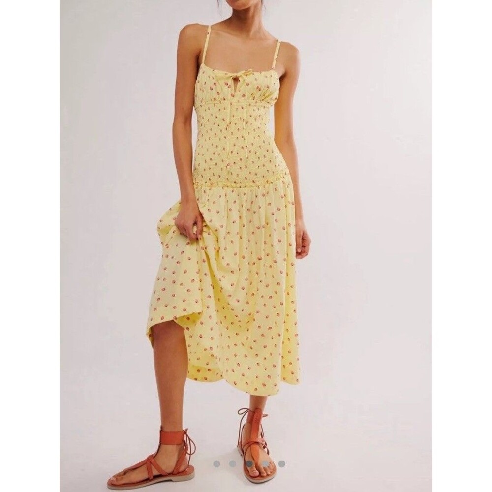 Free People Yellow Midi Dress with Red Accents